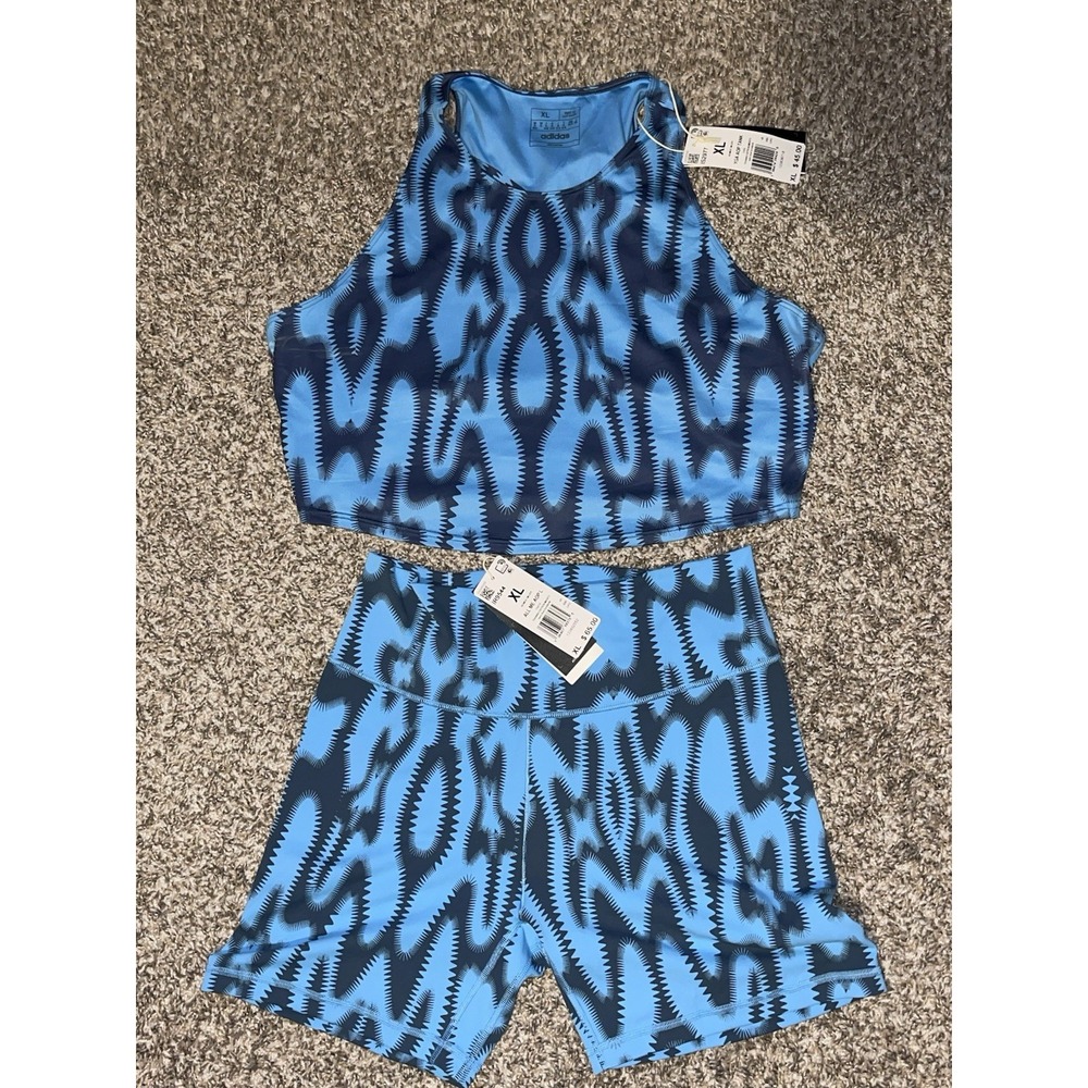 Adidas All Me AOP L Women's Performance Tight Fit Shorts & Short Tank/Bra Set XL - Picture 2 of 11